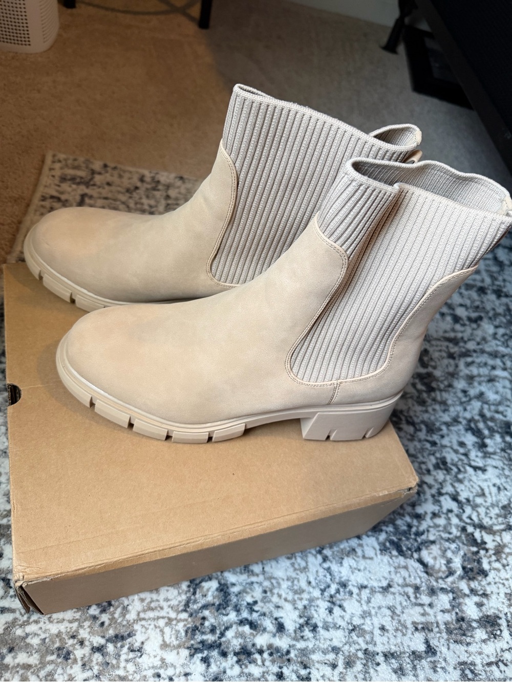 Amazon Beige Ribbed Chelsea Ankle Booties